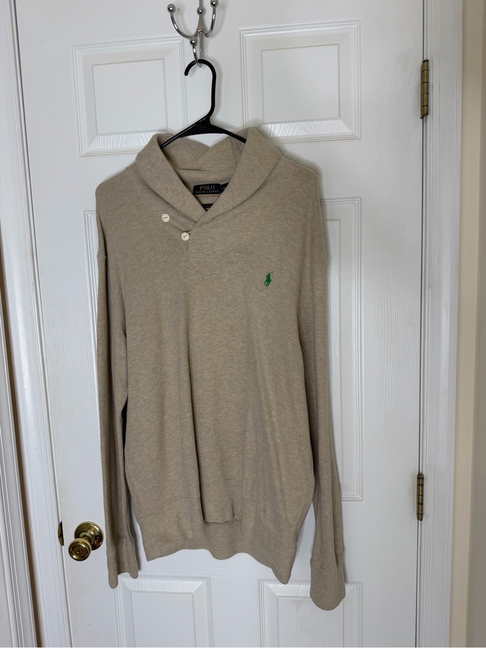 Ralph Lauren Beige V-Neck Shawl Sweater with Green Pony
